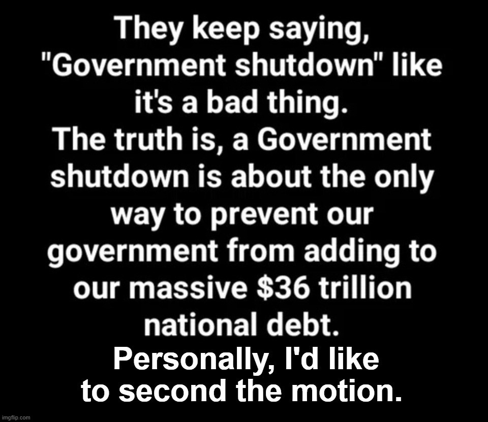 Personally, I'd like to second the motion. | image tagged in government shutdown,government corruption,big government,uniparty,balance the budget,balance your checkbook | made w/ Imgflip meme maker