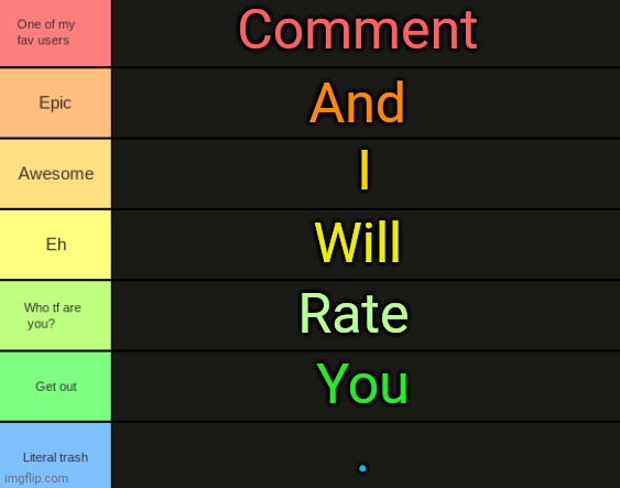 JPSpino's tier list | Comment; And; I; Will; Rate; You; . | image tagged in jpspino's tier list | made w/ Imgflip meme maker