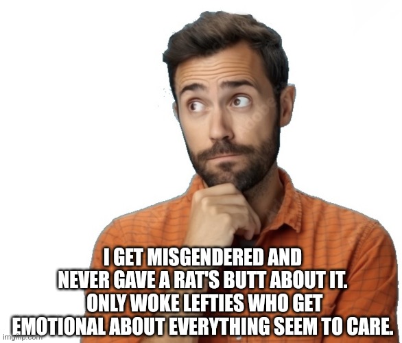 Let me think about that. | I GET MISGENDERED AND NEVER GAVE A RAT'S BUTT ABOUT IT.  ONLY WOKE LEFTIES WHO GET EMOTIONAL ABOUT EVERYTHING SEEM TO CARE. | image tagged in let me think about that | made w/ Imgflip meme maker