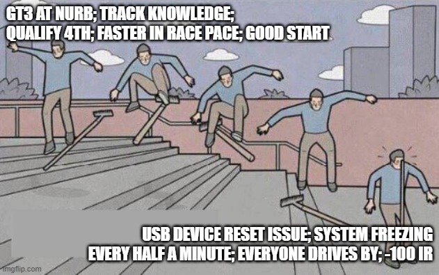 jump on rake | GT3 AT NURB; TRACK KNOWLEDGE; QUALIFY 4TH; FASTER IN RACE PACE; GOOD START; USB DEVICE RESET ISSUE; SYSTEM FREEZING EVERY HALF A MINUTE; EVERYONE DRIVES BY; -100 IR | image tagged in jump on rake | made w/ Imgflip meme maker