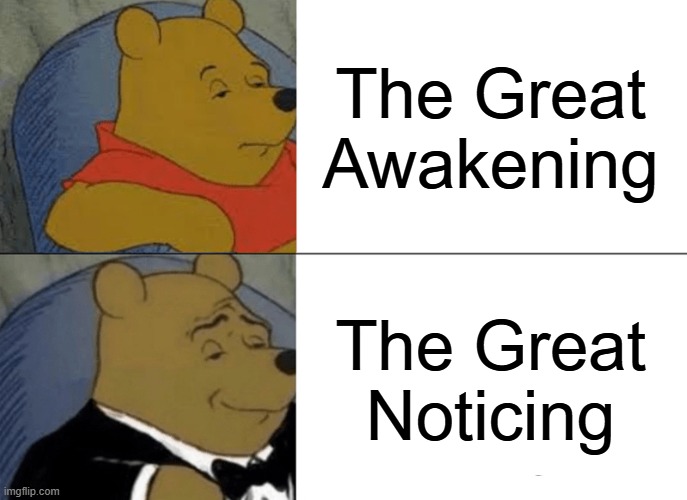 and More Will Notice | The Great Awakening; The Great Noticing | image tagged in memes,tuxedo winnie the pooh | made w/ Imgflip meme maker