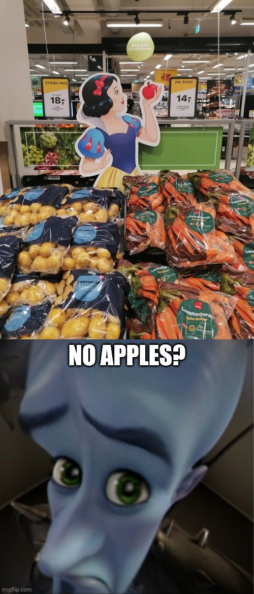 Absolutely no apples | NO APPLES? | image tagged in megamind peeking,snow white,apple,memes,you had one job,store | made w/ Imgflip meme maker