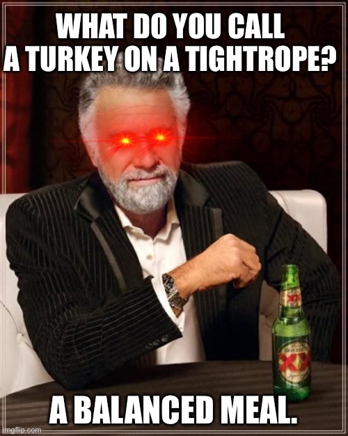 The Most Interesting Man In The World | WHAT DO YOU CALL A TURKEY ON A TIGHTROPE? A BALANCED MEAL. | image tagged in memes,the most interesting man in the world | made w/ Imgflip meme maker