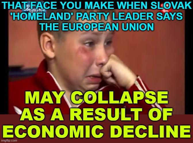 TFW Slovak Homeland Party Leader Says the EU May Collapse As A Result Of Economic Decline | THAT FACE YOU MAKE WHEN SLOVAK
'HOMELAND' PARTY LEADER SAYS
THE EUROPEAN UNION; MAY COLLAPSE AS A RESULT OF ECONOMIC DECLINE | image tagged in crazy ukrainian kid,european union,scumbag europe,european,russo-ukrainian war,ukrainian lives matter | made w/ Imgflip meme maker