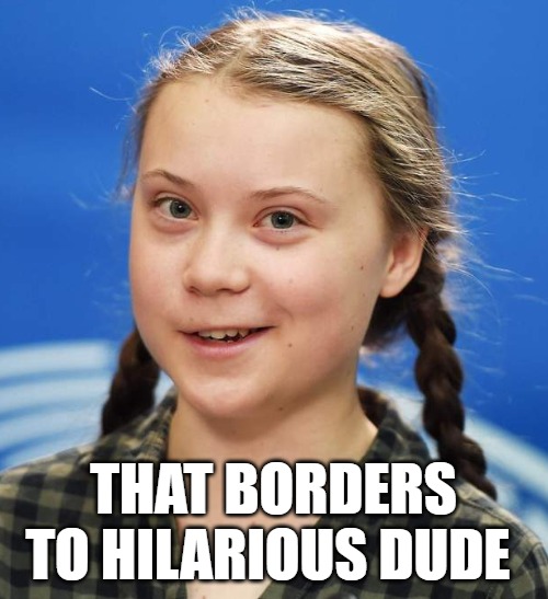 Greta Thunberg | THAT BORDERS TO HILARIOUS DUDE | image tagged in greta thunberg | made w/ Imgflip meme maker