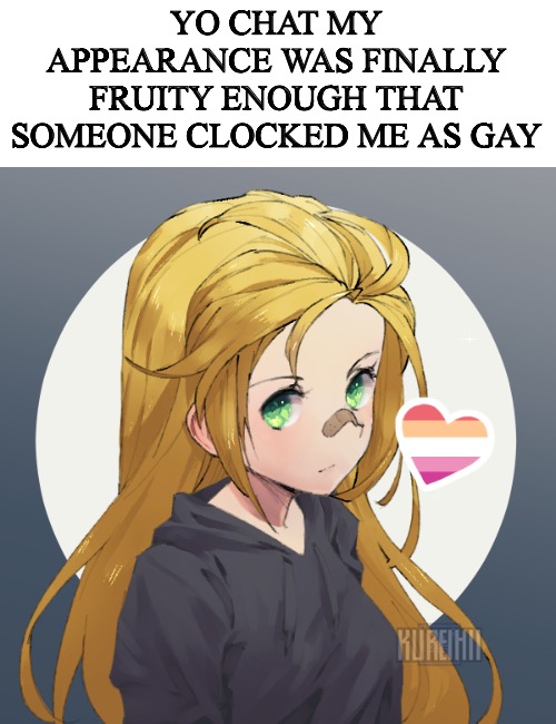 Updated Holly | YO CHAT MY APPEARANCE WAS FINALLY FRUITY ENOUGH THAT SOMEONE CLOCKED ME AS GAY | image tagged in updated holly | made w/ Imgflip meme maker