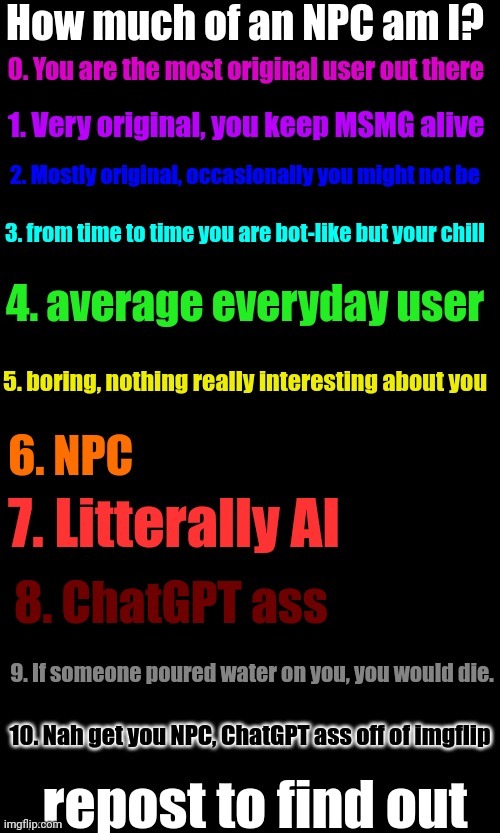 10 | image tagged in how much of an npc am i | made w/ Imgflip meme maker