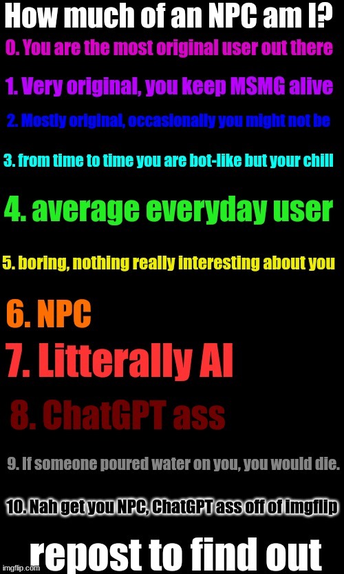 you guys hurt my ego so i'm doing it again until my ego is repaired | image tagged in how much of an npc am i | made w/ Imgflip meme maker