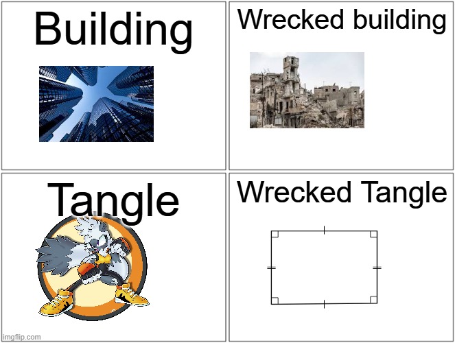 Blank Comic Panel 2x2 | Building; Wrecked building; Tangle; Wrecked Tangle | image tagged in memes,blank comic panel 2x2 | made w/ Imgflip meme maker