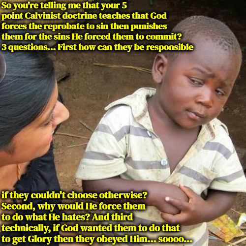 That's Unjust & Asinine | So you're telling me that your 5 point Calvinist doctrine teaches that God forces the reprobate to sin then punishes them for the sins He forced them to commit? 3 questions... First how can they be responsible; if they couldn't choose otherwise? Second, why would He force them to do what He hates? And third technically, if God wanted them to do that to get Glory then they obeyed Him... soooo... | image tagged in third world skeptical kid,calvinism,arminian,molinism,unjust and asinine,marxist edition of justice not god's | made w/ Imgflip meme maker
