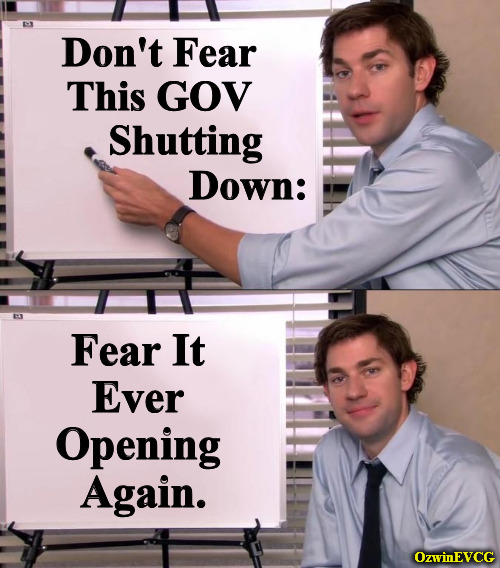 DFTGSD... FIEOA... | Don't Fear 

This GOV 

     Shutting 

                Down:; Fear It 

Ever 

Opening 

Again. OzwinEVCG | image tagged in jim halpert explains,government shutdown,budget debate,politicians suck,government corruption,drain the swamp | made w/ Imgflip meme maker