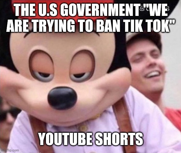 Sly Smile Mickey Mouse | THE U.S GOVERNMENT "WE ARE TRYING TO BAN TIK TOK"; YOUTUBE SHORTS | image tagged in sly smile mickey mouse | made w/ Imgflip meme maker