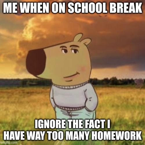 I'll do it later | ME WHEN ON SCHOOL BREAK; IGNORE THE FACT I HAVE WAY TOO MANY HOMEWORK | image tagged in chill guy | made w/ Imgflip meme maker