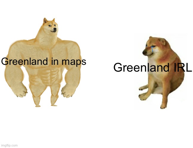 ???????????????? | Greenland in maps; Greenland IRL | image tagged in memes,buff doge vs cheems,geography,funny,funny memes | made w/ Imgflip meme maker