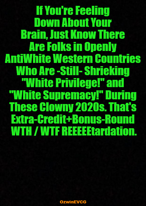 Whitepill Pick-Us-Ups 2020s | If You're Feeling 

Down About Your 

Brain, Just Know There 

Are Folks in Openly 

AntiWhite Western Countries 

Who Are -Still- Shrieking 

"White Privilege!" and 

"White Supremacy!" During 

These Clowny 2020s. That's 

Extra-Credit+Bonus-Round 

WTH / WTF REEEEEtardation. OzwinEVCG | image tagged in antiwhite,liberal logic,say what,say what again,white privilege,white supremacy | made w/ Imgflip meme maker