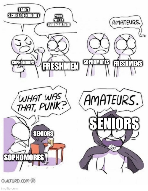 Amateurs | I AIN’T SCARE OF NOBODY; YOUR STILL A UNDERCLASSMEN; FRESHMEN; SOPHOMORES; SOPHOMORES; FRESHMENS; SENIORS; SENIORS; SOPHOMORES | image tagged in amateurs | made w/ Imgflip meme maker