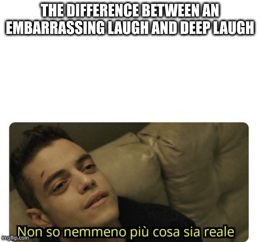 deep | THE DIFFERENCE BETWEEN AN EMBARRASSING LAUGH AND DEEP LAUGH | image tagged in non so nemmeno pi cosa sia reale | made w/ Imgflip meme maker