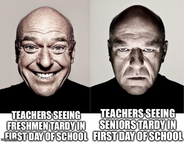 POV your tardy meme | TEACHERS SEEING FRESHMEN TARDY IN FIRST DAY OF SCHOOL; TEACHERS SEEING SENIORS TARDY IN FIRST DAY OF SCHOOL | image tagged in breaking bad smile frown | made w/ Imgflip meme maker