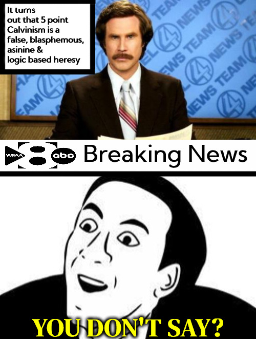 You Don't Say | It turns out that 5 point Calvinism is a false, blasphemous, asinine & logic based heresy; Breaking News; YOU DON'T SAY? | image tagged in breaking news you don't say,calvinism,arminian,molinism,blasphemouns asinine logic only heresy,epic sarcasm | made w/ Imgflip meme maker