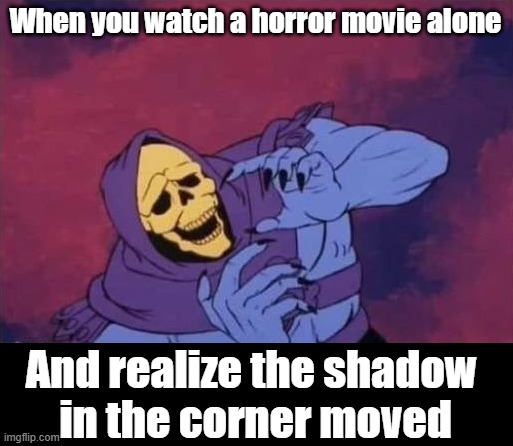 Scary movie | When you watch a horror movie alone; And realize the shadow 
in the corner moved | image tagged in skelator | made w/ Imgflip meme maker