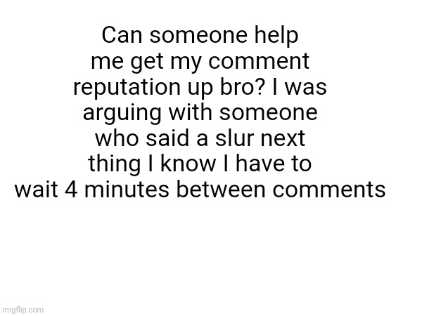 I and like 5 others were arguing with somebody and suddenly downvote bomb posts starting appearing | Can someone help me get my comment reputation up bro? I was arguing with someone who said a slur next thing I know I have to wait 4 minutes between comments | made w/ Imgflip meme maker