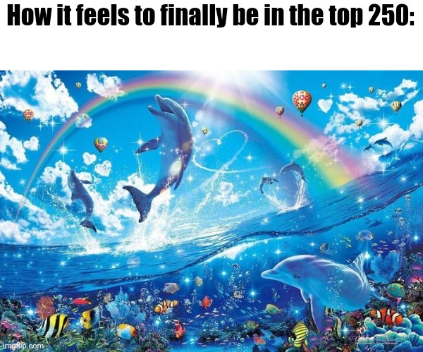 Happy dolphin rainbow | How it feels to finally be in the top 250: | image tagged in happy dolphin rainbow | made w/ Imgflip meme maker