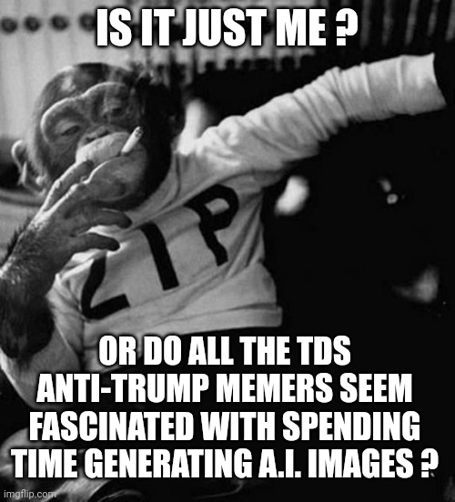 Get a life | IS IT JUST ME ? OR DO ALL THE TDS ANTI-TRUMP MEMERS SEEM FASCINATED WITH SPENDING TIME GENERATING A.I. IMAGES ? | image tagged in monkey smoke zip,leftists,liberals,democrats,tds | made w/ Imgflip meme maker