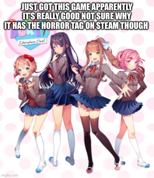 It’s fun | JUST GOT THIS GAME APPARENTLY IT’S REALLY GOOD NOT SURE WHY IT HAS THE HORROR TAG ON STEAM THOUGH | image tagged in doki doki literature club | made w/ Imgflip meme maker