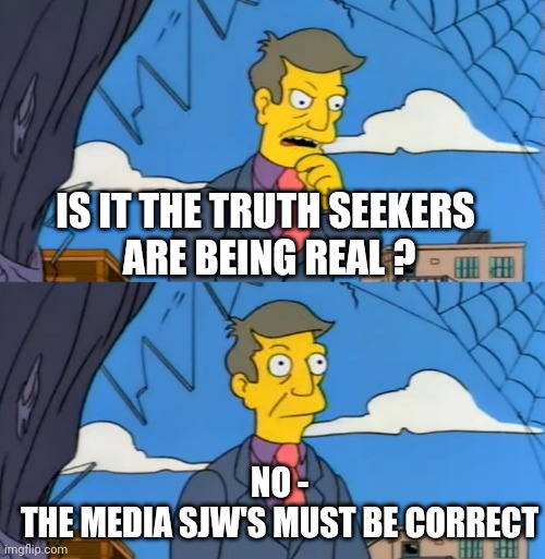 Simpsons Principle | IS IT THE TRUTH SEEKERS 
ARE BEING REAL ? NO -
THE MEDIA SJW'S MUST BE CORRECT | image tagged in simpsons principle | made w/ Imgflip meme maker