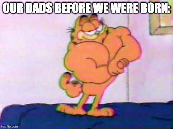 Dads Before we were born | OUR DADS BEFORE WE WERE BORN: | image tagged in muscular garfield the cat,relatable,memes,funny,fun | made w/ Imgflip meme maker