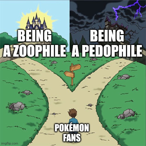 Two Paths | BEING A ZOOPHILE BEING A PEDOPHILE POKÉMON FANS | image tagged in two paths | made w/ Imgflip meme maker