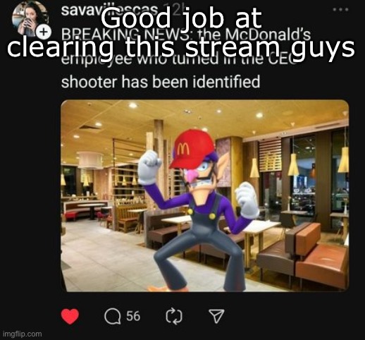 Waluigi breaking news | Good job at clearing this stream guys | image tagged in waluigi breaking news | made w/ Imgflip meme maker