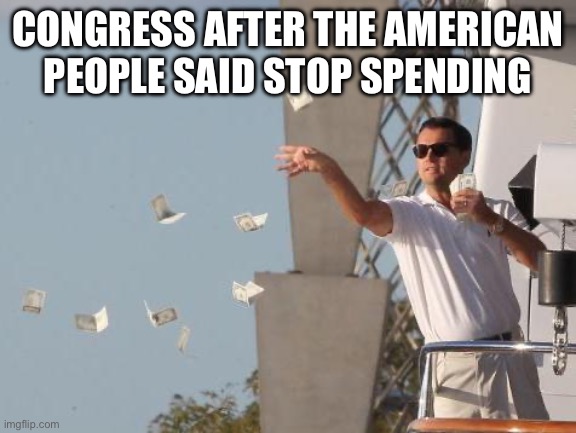 Leonardo DiCaprio throwing Money  | CONGRESS AFTER THE AMERICAN PEOPLE SAID STOP SPENDING | image tagged in leonardo dicaprio throwing money | made w/ Imgflip meme maker