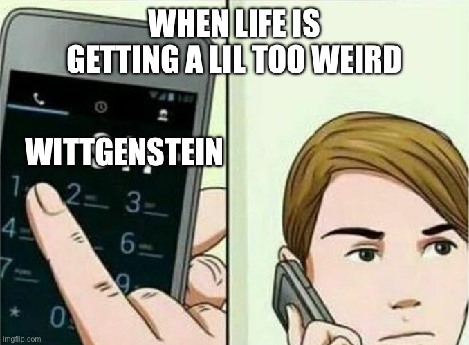 Wittgenstein save | WHEN LIFE IS GETTING A LIL TOO WEIRD; WITTGENSTEIN | image tagged in calling 911 | made w/ Imgflip meme maker