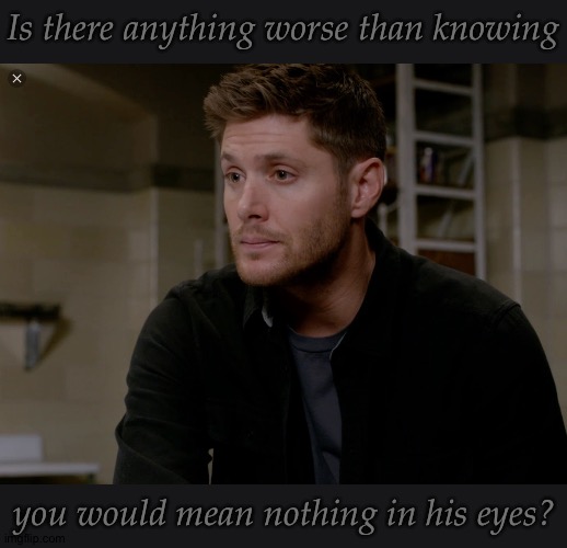 If You Are To Remain Invisible, Is It Even Worth The Fight? Is Existence Even Worth The Hassle? | Is there anything worse than knowing; you would mean nothing in his eyes? | image tagged in dean's gorgeous season 9,my god we need to get you a therapist,shut up ik,expect depression for the next few days | made w/ Imgflip meme maker