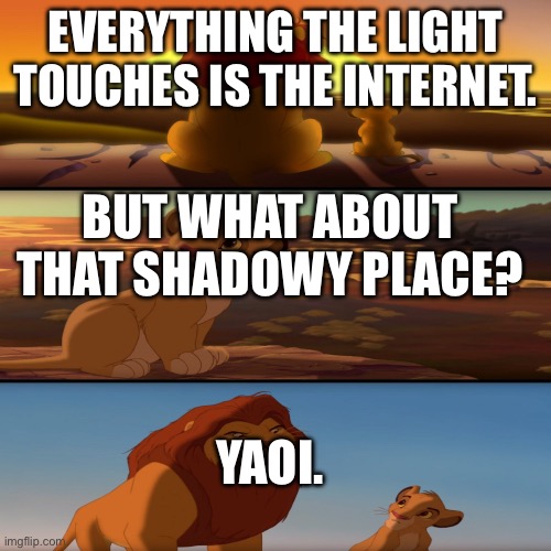 Lion King Simba Mufasa | EVERYTHING THE LIGHT TOUCHES IS THE INTERNET. BUT WHAT ABOUT THAT SHADOWY PLACE? YAOI. | image tagged in lion king simba mufasa | made w/ Imgflip meme maker