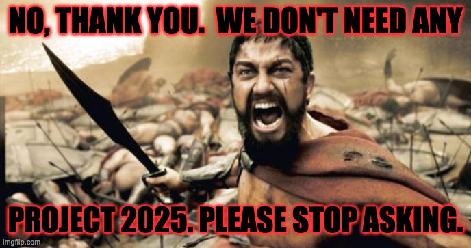 Salesmen. | NO, THANK YOU.  WE DON'T NEED ANY; PROJECT 2025. PLEASE STOP ASKING. | image tagged in memes,sparta leonidas,project 2025,salesmen | made w/ Imgflip meme maker