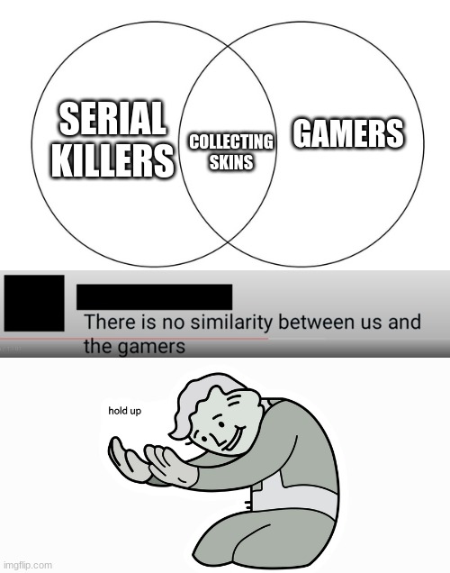 Something Ain't Right... | GAMERS; SERIAL KILLERS; COLLECTING SKINS | image tagged in venn diagram,dark humor,wait what,funny,fun,fallout hold up | made w/ Imgflip meme maker