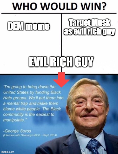 Target Musk as evil rich guy; DEM memo; EVIL RICH GUY | image tagged in memes,who would win | made w/ Imgflip meme maker