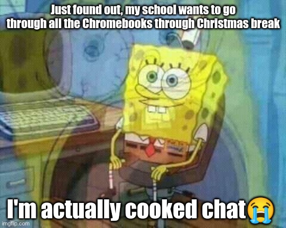 My c.ai chats should never be read? ? ? ? | Just found out, my school wants to go through all the Chromebooks through Christmas break; I'm actually cooked chat😭 | image tagged in spongebob panic inside | made w/ Imgflip meme maker