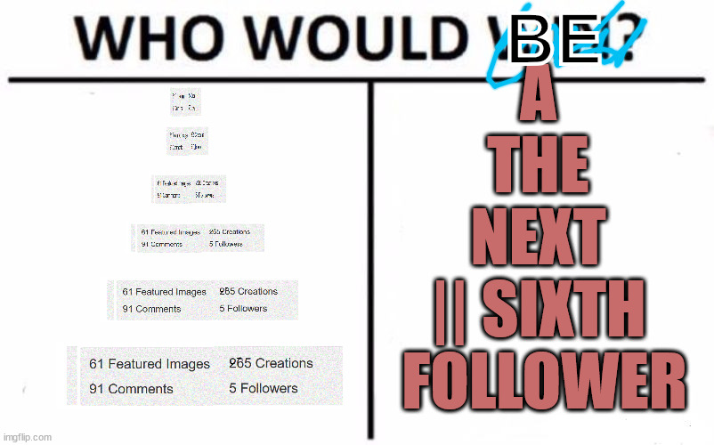 FoLLoW pLeAd | BE; A
THE
 NEXT 
|| SIXTH
 FOLLOWER | image tagged in memes,who would win | made w/ Imgflip meme maker