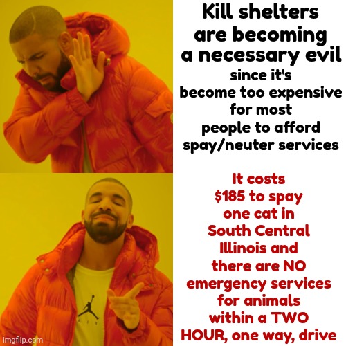 All Of Our Vets Have Boutique Hours Now.  9-5 M-F 8-12 Saturdays.  Absolutely NO After Hours Emergency Services | Kill shelters are becoming; It costs $185 to spay one cat in South Central Illinois and there are NO emergency services for animals within a TWO HOUR, one way, drive; a necessary evil; since it's become too expensive for most people to afford spay/neuter services | image tagged in memes,drake hotline bling,fubar,we're all doomed,broken,arrogant rich man | made w/ Imgflip meme maker