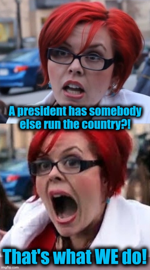 Big Red Feminist #2 | A president has somebody else run the country?! That's what WE do! | image tagged in big red feminist 2 | made w/ Imgflip meme maker