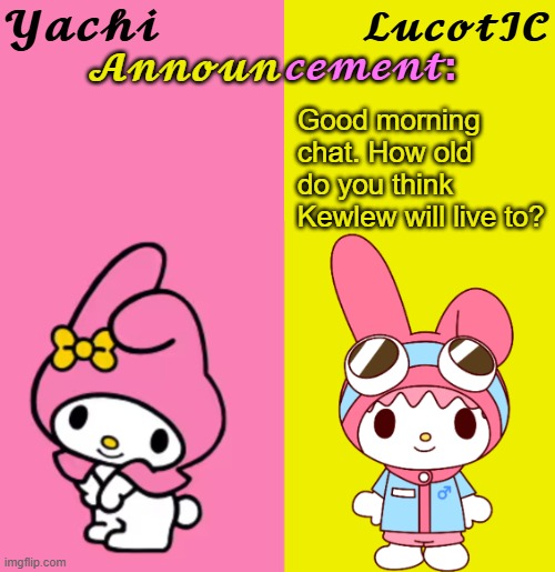 Yachi & LucotIC Duo Announcement Temp | Good morning chat. How old do you think Kewlew will live to? | image tagged in yachi lucotic duo announcement temp | made w/ Imgflip meme maker