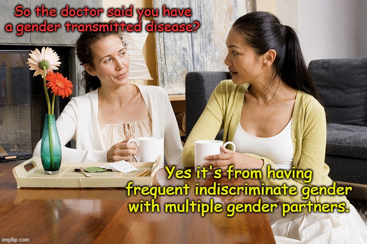 Consequences of an active gender life and abuse of the language. Stop using lib distortions. | So the doctor said you have a gender transmitted disease? Yes it's from having frequent indiscriminate gender with multiple gender partners. | image tagged in women talking over coffee | made w/ Imgflip meme maker