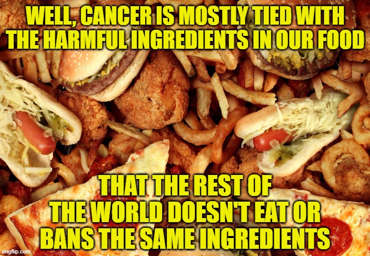 Junk Food | WELL, CANCER IS MOSTLY TIED WITH THE HARMFUL INGREDIENTS IN OUR FOOD THAT THE REST OF THE WORLD DOESN'T EAT OR BANS THE SAME INGREDIENTS | image tagged in junk food | made w/ Imgflip meme maker