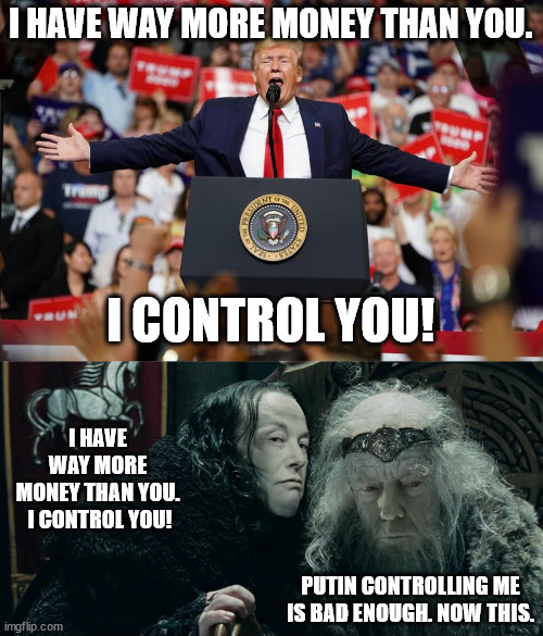 Trump is Musk's b... Magats digging their own graves. | I HAVE WAY MORE MONEY THAN YOU. I CONTROL YOU! I HAVE WAY MORE MONEY THAN YOU.

 I CONTROL YOU! PUTIN CONTROLLING ME IS BAD ENOUGH. NOW THIS. | image tagged in elon musk grima and donald trump theoden,trump and his red hatted peons | made w/ Imgflip meme maker