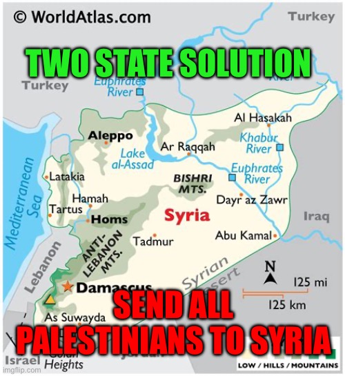 Stop rejecting Palestinians, find them a home. | TWO STATE SOLUTION; SEND ALL PALESTINIANS TO SYRIA | image tagged in gifs,palestine,middle east,solutions,syria | made w/ Imgflip meme maker