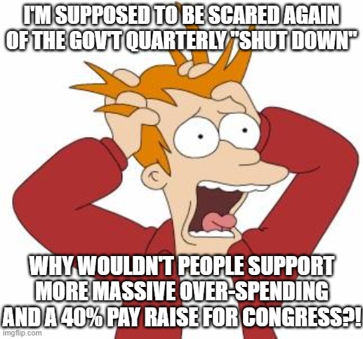 Fry Freaking Out | I'M SUPPOSED TO BE SCARED AGAIN OF THE GOV'T QUARTERLY "SHUT DOWN"; WHY WOULDN'T PEOPLE SUPPORT MORE MASSIVE OVER-SPENDING AND A 40% PAY RAISE FOR CONGRESS?! | image tagged in fry freaking out | made w/ Imgflip meme maker