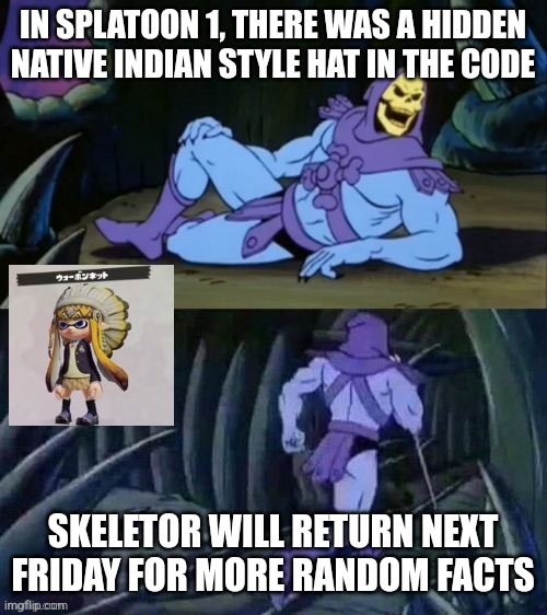 Splatoon random fact (PF note: its an unused hat like the Judd facemask in splatoon 2) | IN SPLATOON 1, THERE WAS A HIDDEN NATIVE INDIAN STYLE HAT IN THE CODE; SKELETOR WILL RETURN NEXT FRIDAY FOR MORE RANDOM FACTS | image tagged in skeletor disturbing facts,splatoon | made w/ Imgflip meme maker